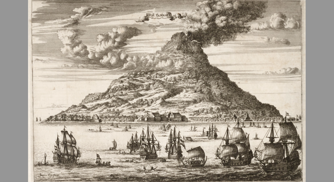 Engraving of an erupting volcano